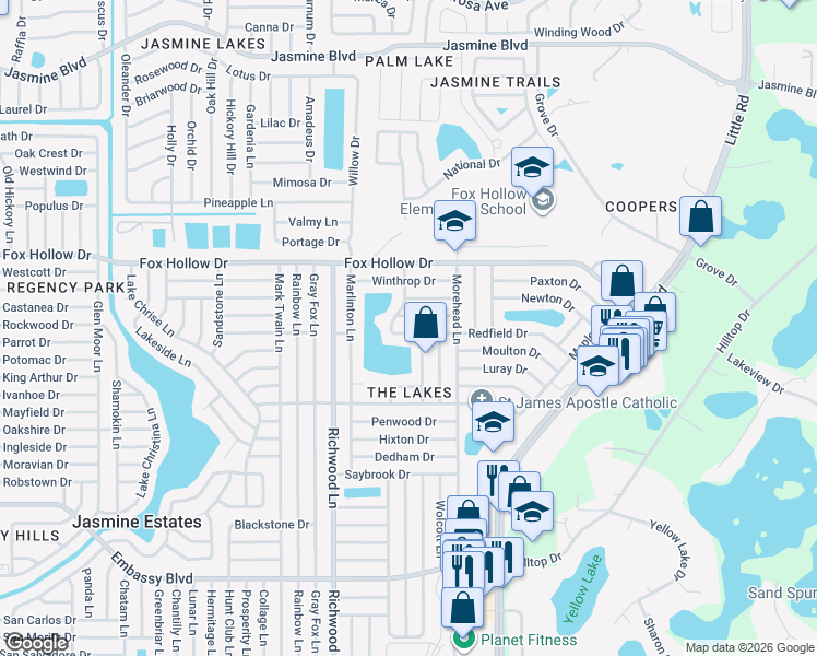 map of restaurants, bars, coffee shops, grocery stores, and more near 8130 Redfield Drive in Port Richey
