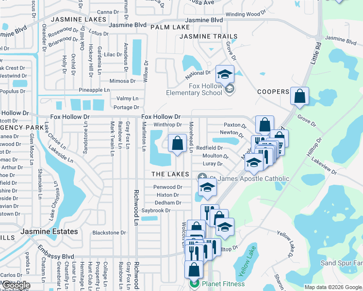 map of restaurants, bars, coffee shops, grocery stores, and more near 8233 Redfield Drive in Port Richey