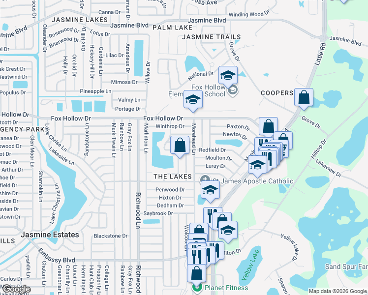 map of restaurants, bars, coffee shops, grocery stores, and more near 9737 Rainelle Lane in Port Richey