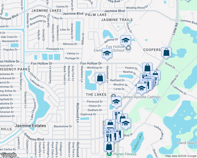 map of restaurants, bars, coffee shops, grocery stores, and more near 9737 Rainelle Lane in Port Richey