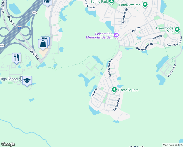 map of restaurants, bars, coffee shops, grocery stores, and more near 1221 Olmstead Boulevard in Celebration
