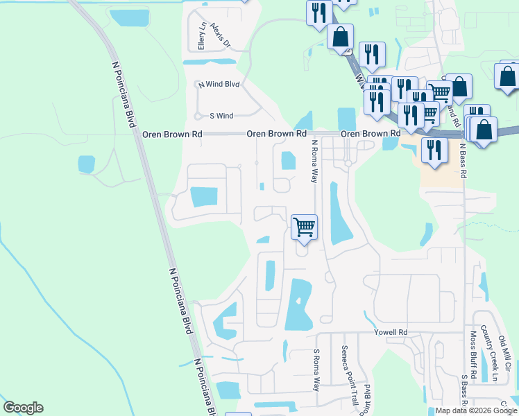 map of restaurants, bars, coffee shops, grocery stores, and more near 1145 Seasons Boulevard in Kissimmee