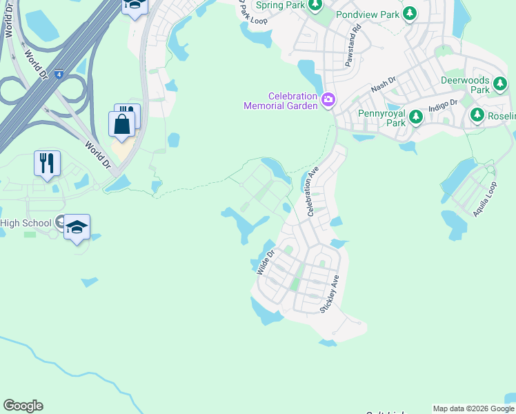 map of restaurants, bars, coffee shops, grocery stores, and more near 1221 Olmstead Boulevard in Celebration