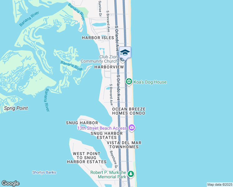 map of restaurants, bars, coffee shops, grocery stores, and more near 1030 South Orlando Avenue in Cocoa Beach