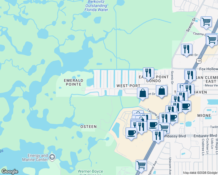 map of restaurants, bars, coffee shops, grocery stores, and more near 9828 San Mateo Way in Port Richey
