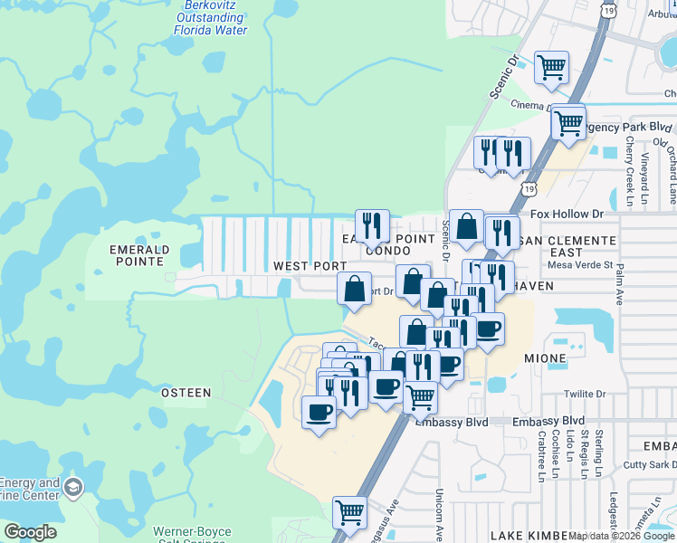 map of restaurants, bars, coffee shops, grocery stores, and more near 9826 Island Harbor Drive in Port Richey