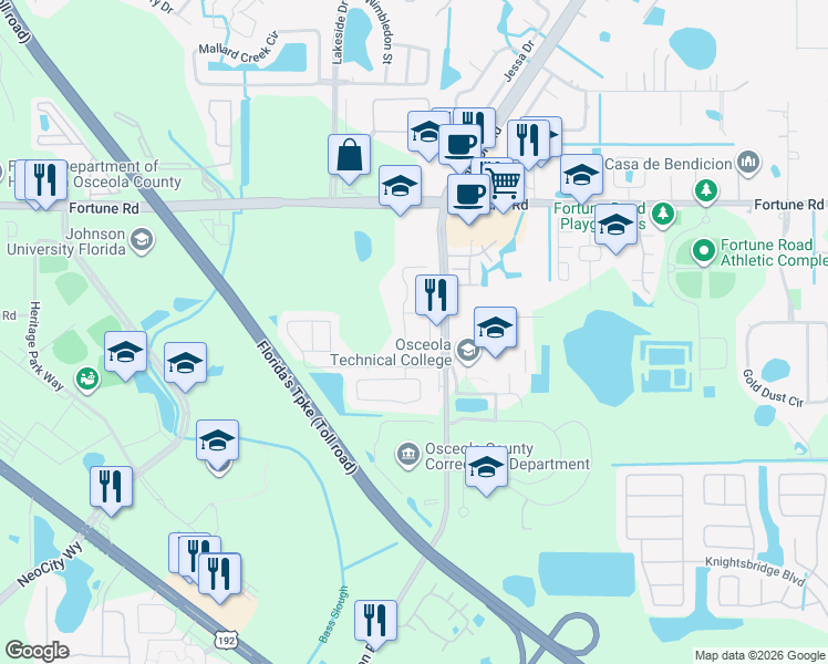map of restaurants, bars, coffee shops, grocery stores, and more near 824 Country Crossing Court in Kissimmee