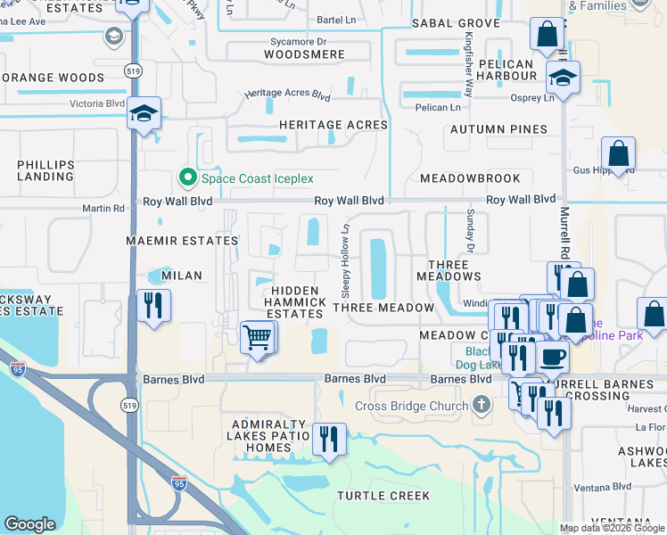 map of restaurants, bars, coffee shops, grocery stores, and more near 1237 Sleepy Hollow Lane in Rockledge