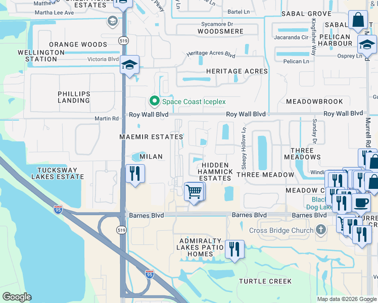 map of restaurants, bars, coffee shops, grocery stores, and more near 1375 Wildwood Way in Rockledge