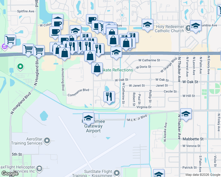 map of restaurants, bars, coffee shops, grocery stores, and more near 996 Woodside Circle in Kissimmee
