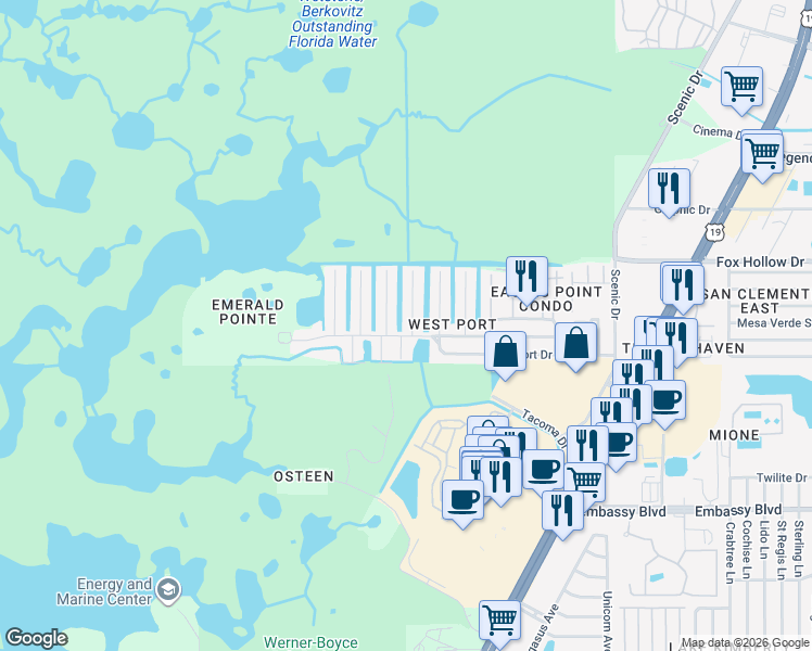 map of restaurants, bars, coffee shops, grocery stores, and more near 9828 San Mateo Way in Port Richey