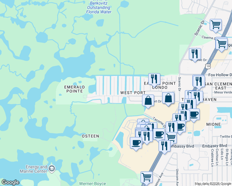 map of restaurants, bars, coffee shops, grocery stores, and more near 9828 San Mateo Way in Port Richey