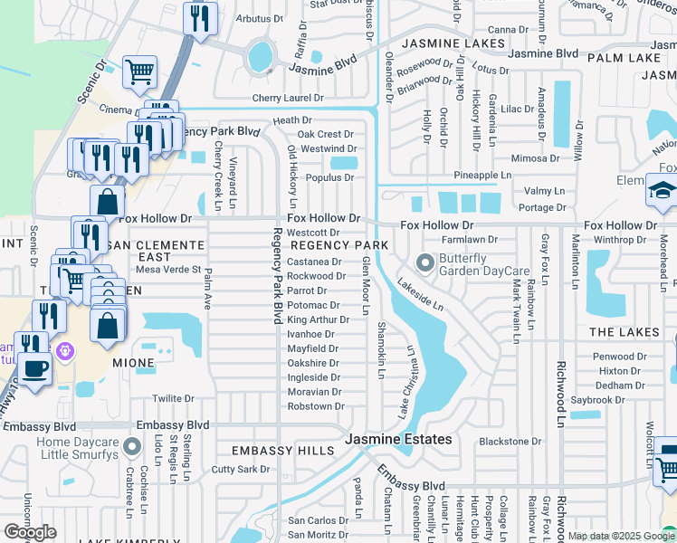 map of restaurants, bars, coffee shops, grocery stores, and more near 7335 Rockwood Drive in Port Richey
