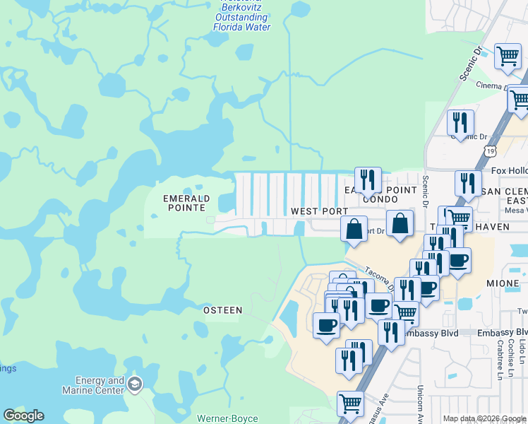 map of restaurants, bars, coffee shops, grocery stores, and more near 9827 San Sebastian Way in Port Richey