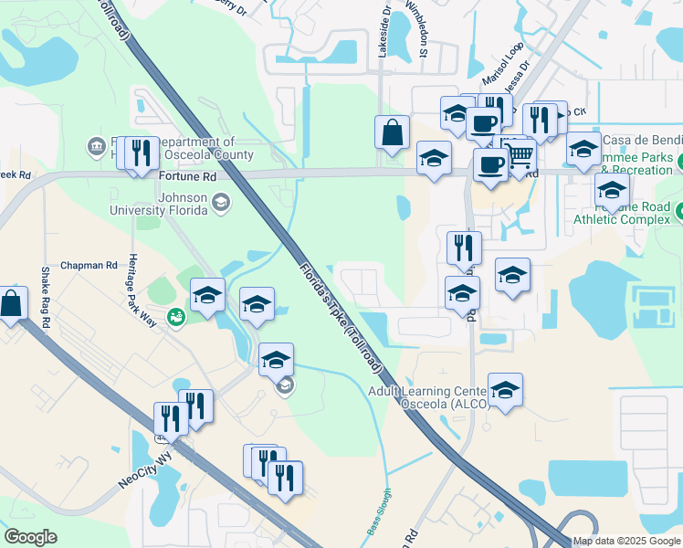 map of restaurants, bars, coffee shops, grocery stores, and more near 954 Country Circle in Kissimmee