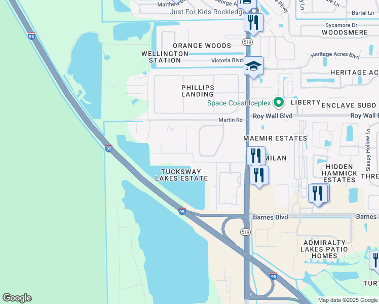 map of restaurants, bars, coffee shops, grocery stores, and more near 348 Tuckaway Drive in Rockledge