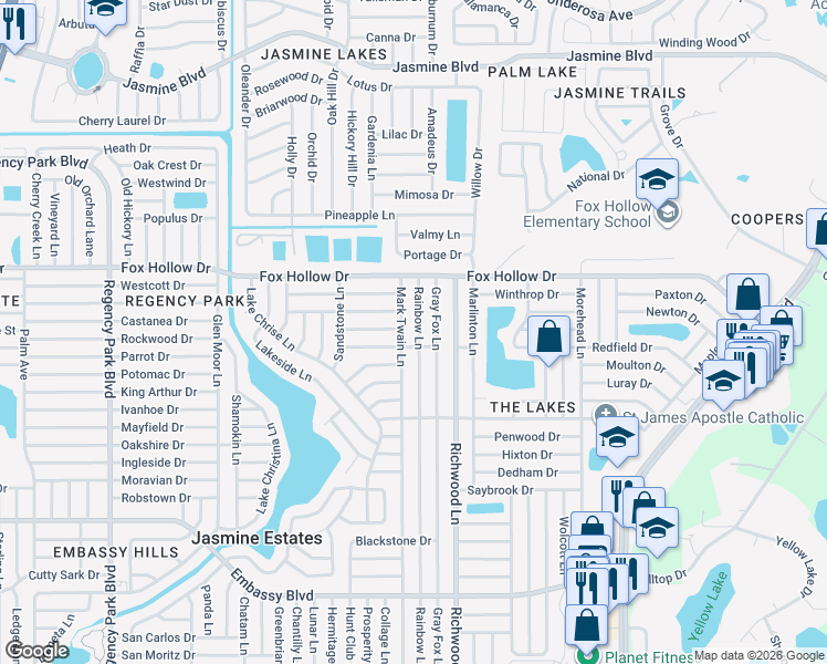 map of restaurants, bars, coffee shops, grocery stores, and more near 7834 Bloomfield Drive in Port Richey