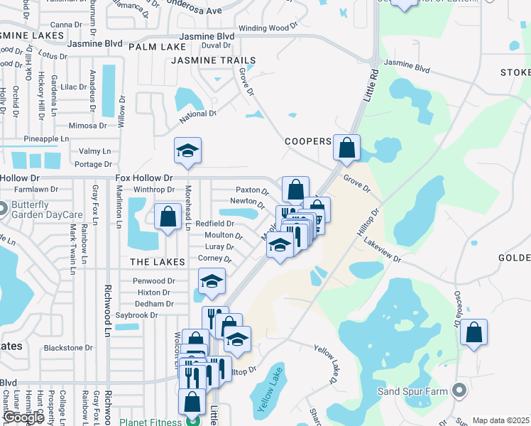 map of restaurants, bars, coffee shops, grocery stores, and more near 9821 Clinton Lane in Port Richey