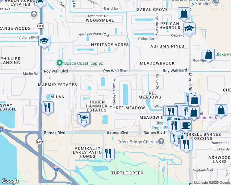 map of restaurants, bars, coffee shops, grocery stores, and more near 1240 Sleepy Hollow Lane in Rockledge