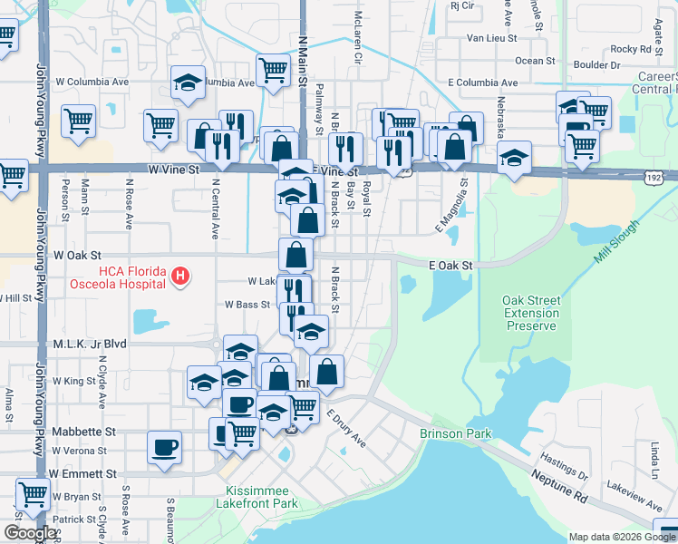 map of restaurants, bars, coffee shops, grocery stores, and more near 921 North Brack Street in Kissimmee