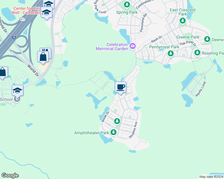 map of restaurants, bars, coffee shops, grocery stores, and more near 1210 Ironsmith Drive in Celebration