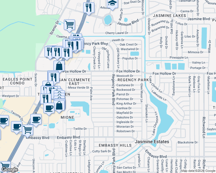 map of restaurants, bars, coffee shops, grocery stores, and more near 7124 Castanea Drive in Port Richey