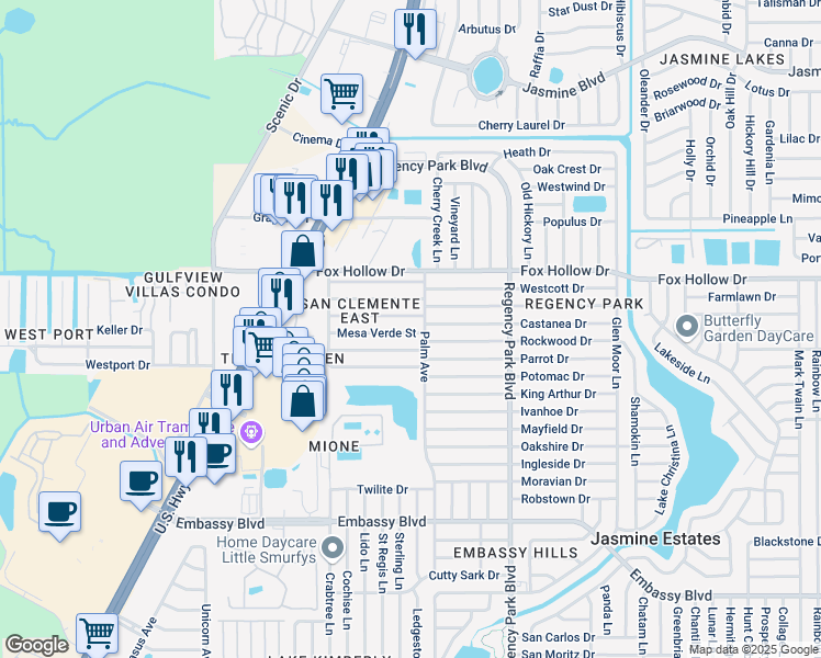 map of restaurants, bars, coffee shops, grocery stores, and more near 6927 Mesa Verde Street in Port Richey