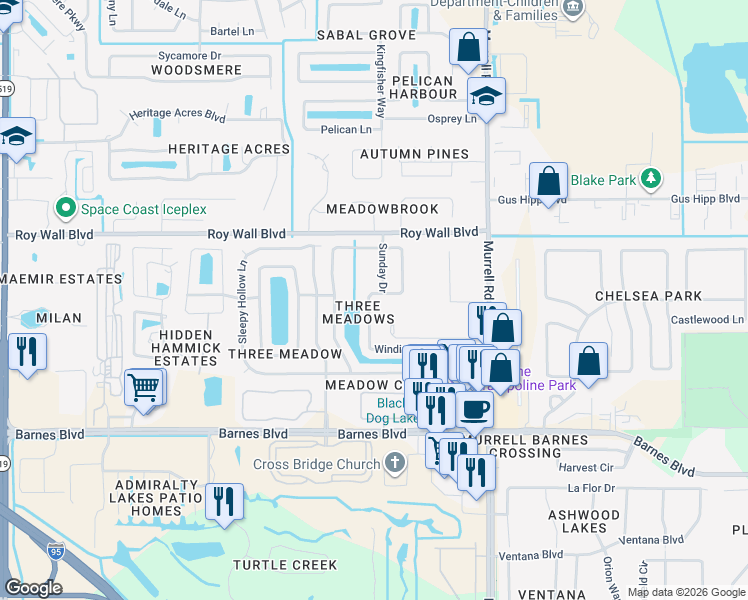 map of restaurants, bars, coffee shops, grocery stores, and more near 1196 Winding Meadows Road in Rockledge
