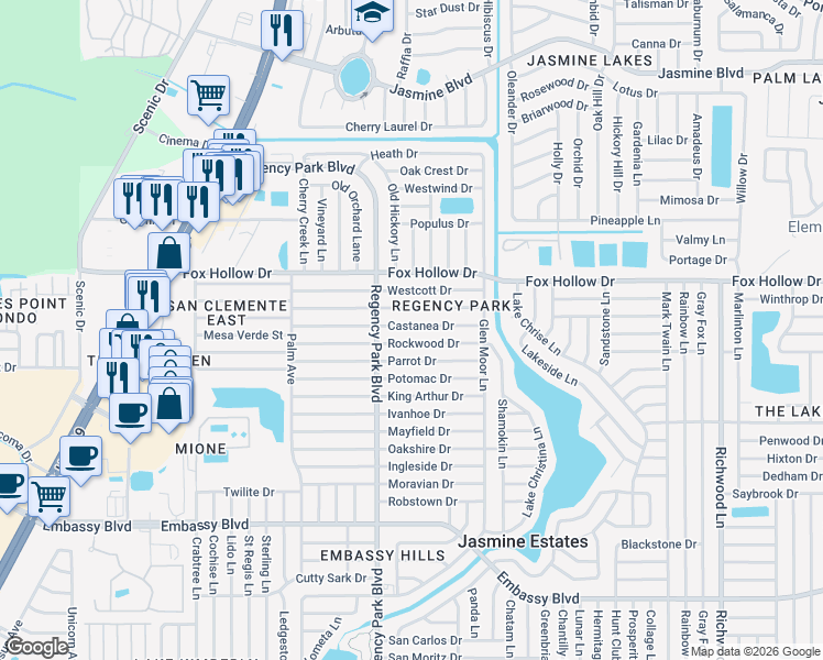 map of restaurants, bars, coffee shops, grocery stores, and more near 7234 Castanea Drive in Port Richey