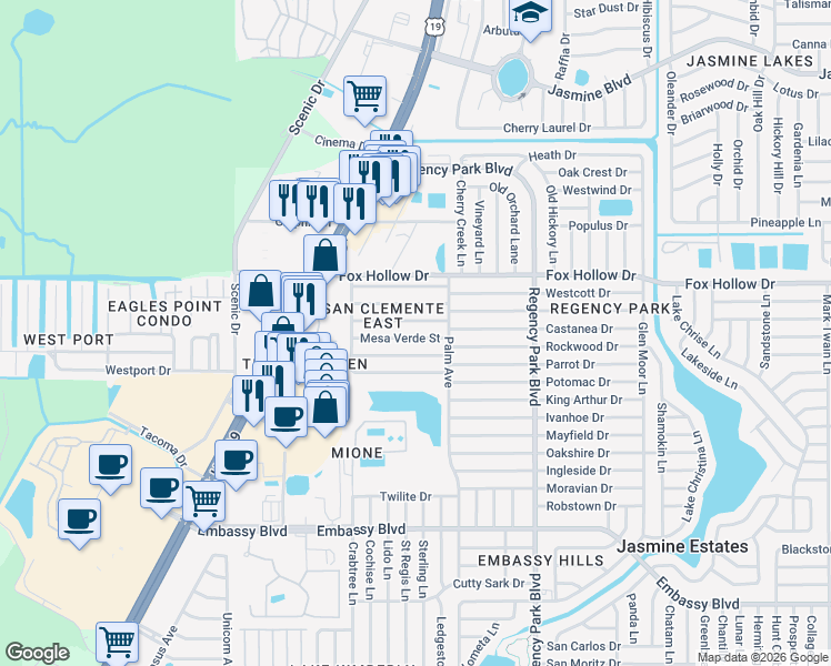 map of restaurants, bars, coffee shops, grocery stores, and more near 6909 Mesa Verde Street in Port Richey