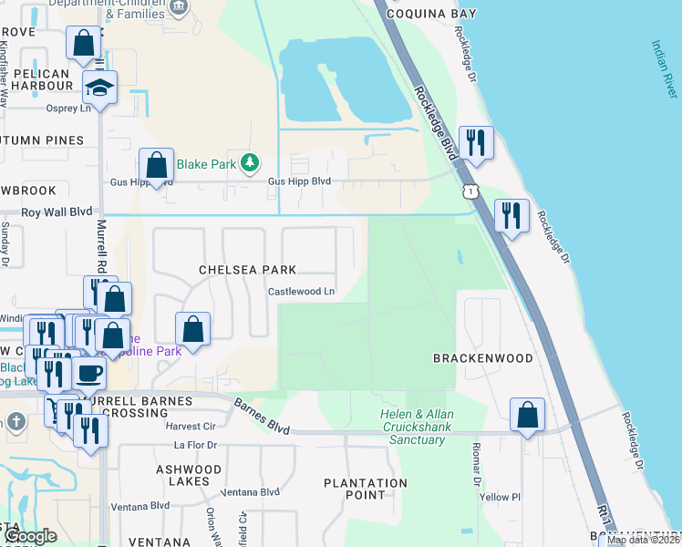 map of restaurants, bars, coffee shops, grocery stores, and more near 277 Tunbridge Drive in Rockledge