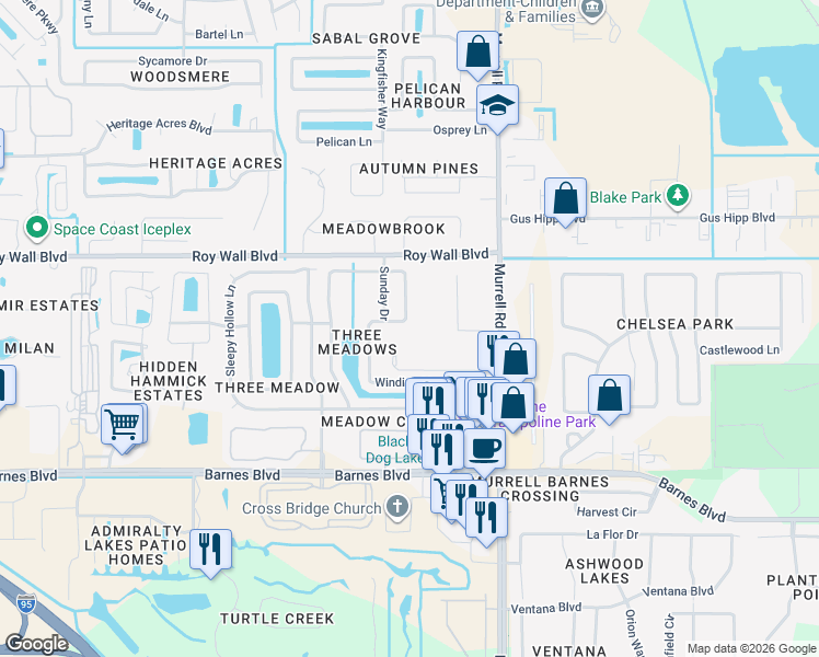 map of restaurants, bars, coffee shops, grocery stores, and more near 1184 Winding Meadows Road in Rockledge