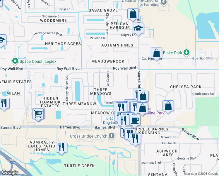 map of restaurants, bars, coffee shops, grocery stores, and more near 1196 Winding Meadows Road in Rockledge