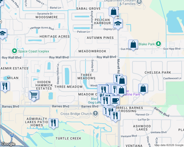 map of restaurants, bars, coffee shops, grocery stores, and more near 1196 Winding Meadows Road in Rockledge