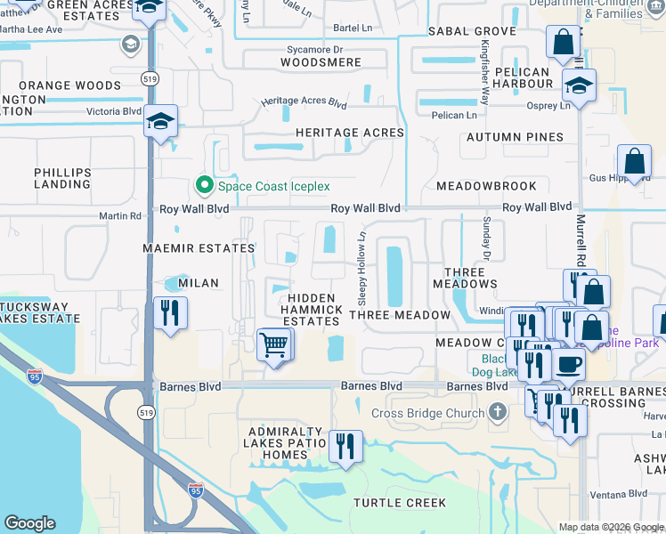 map of restaurants, bars, coffee shops, grocery stores, and more near 1218 Rolling Meadows Drive in Rockledge