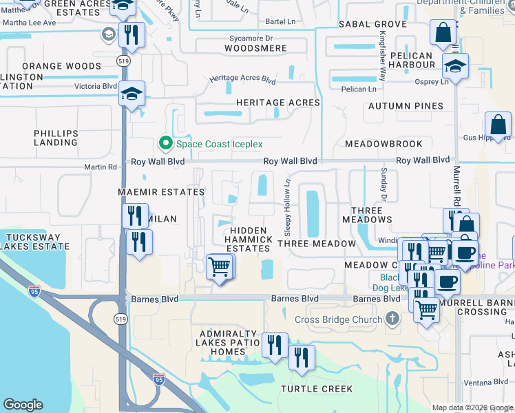 map of restaurants, bars, coffee shops, grocery stores, and more near 1218 Rolling Meadows Drive in Rockledge