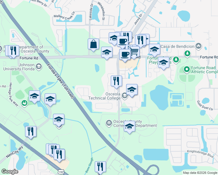 map of restaurants, bars, coffee shops, grocery stores, and more near 824 Country Crossing Court in Kissimmee