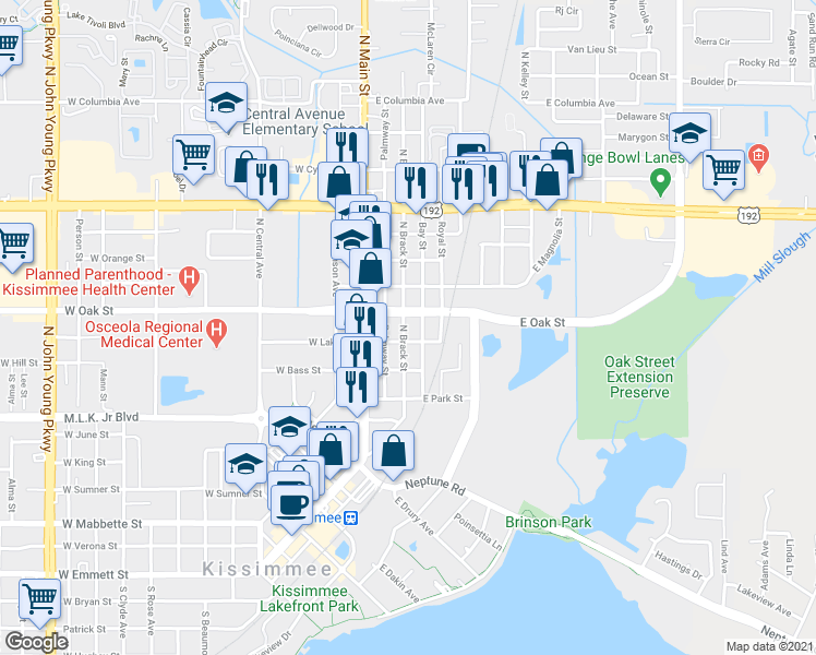 map of restaurants, bars, coffee shops, grocery stores, and more near 921 North Brack Street in Kissimmee
