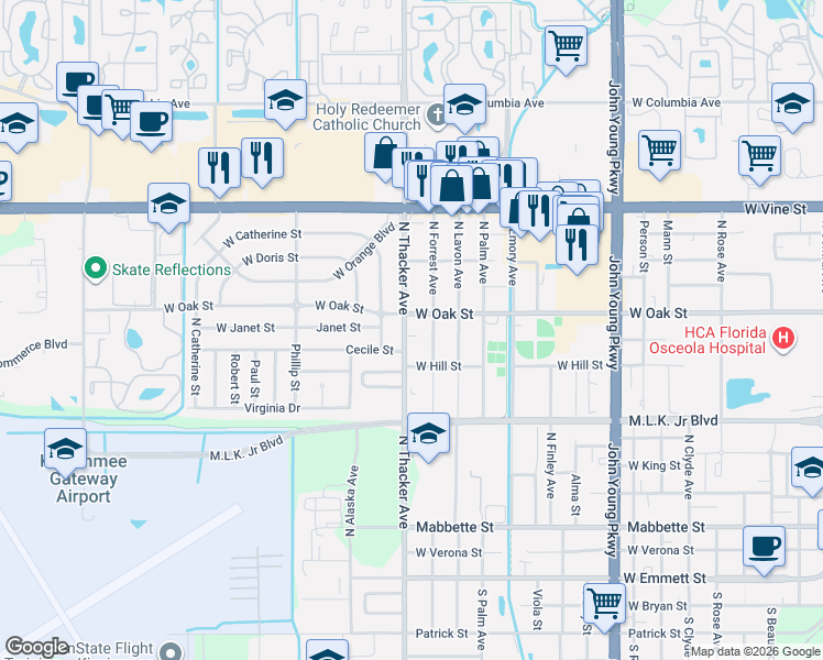 map of restaurants, bars, coffee shops, grocery stores, and more near 912 North Thacker Avenue in Kissimmee