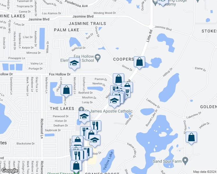map of restaurants, bars, coffee shops, grocery stores, and more near 8609 Newton Drive in Port Richey