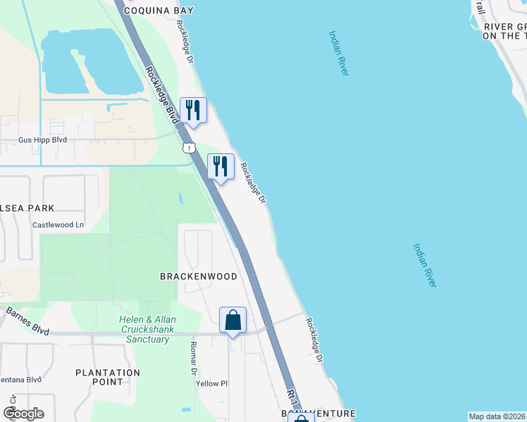 map of restaurants, bars, coffee shops, grocery stores, and more near 1887 Rockledge Drive in Rockledge