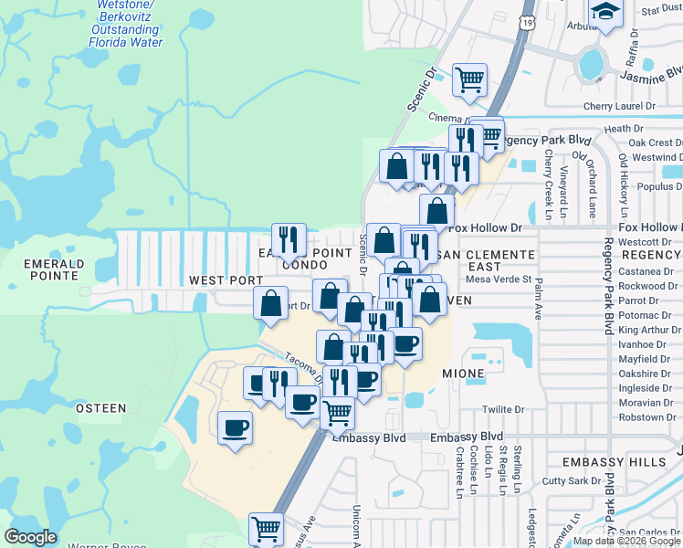 map of restaurants, bars, coffee shops, grocery stores, and more near 9826 Lehigh Drive in Port Richey