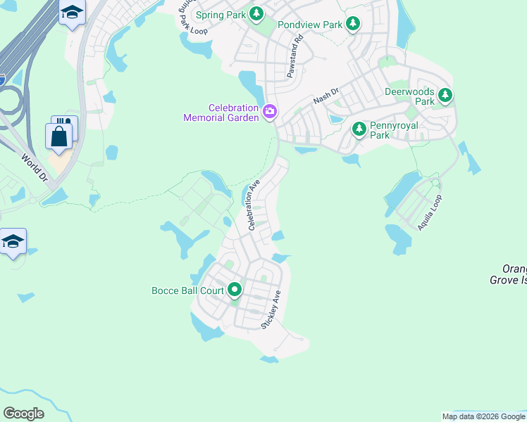 map of restaurants, bars, coffee shops, grocery stores, and more near 1107 Lutyens Lane in Celebration