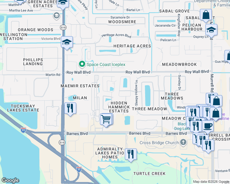 map of restaurants, bars, coffee shops, grocery stores, and more near 1340 Deer Trail in Rockledge