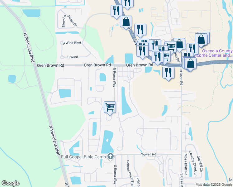 map of restaurants, bars, coffee shops, grocery stores, and more near 840 Las Fuentes Drive in Kissimmee