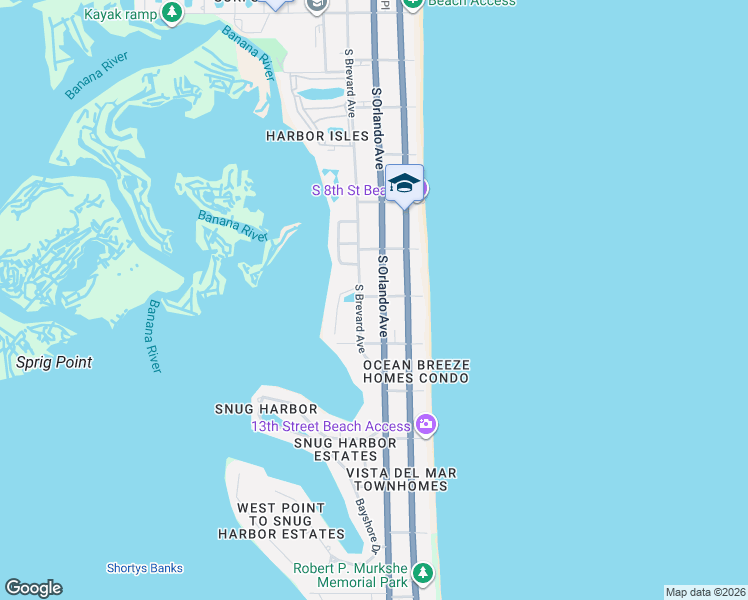 map of restaurants, bars, coffee shops, grocery stores, and more near 1000 South Orlando Avenue in Cocoa Beach