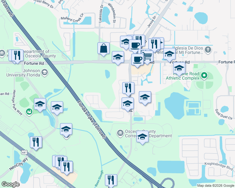 map of restaurants, bars, coffee shops, grocery stores, and more near 824 Country Crossing Court in Kissimmee