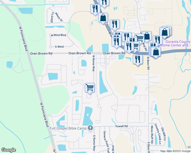 map of restaurants, bars, coffee shops, grocery stores, and more near 840 Las Fuentes Drive in Kissimmee