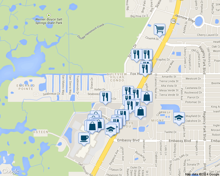 map of restaurants, bars, coffee shops, grocery stores, and more near 9991 Eagles Point Circle in Port Richey