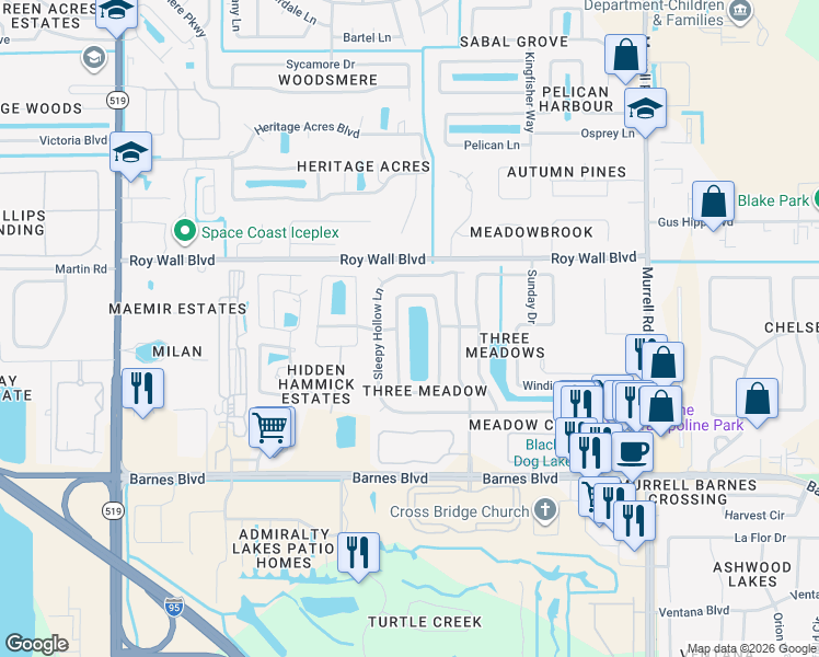 map of restaurants, bars, coffee shops, grocery stores, and more near 1214 Sugar Creek Ln in Rockledge